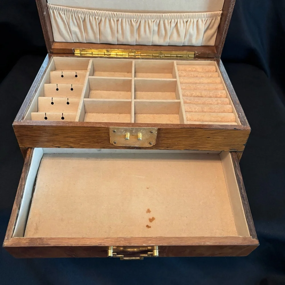 Vintage Wooden Jewelry Box with Brass Accents